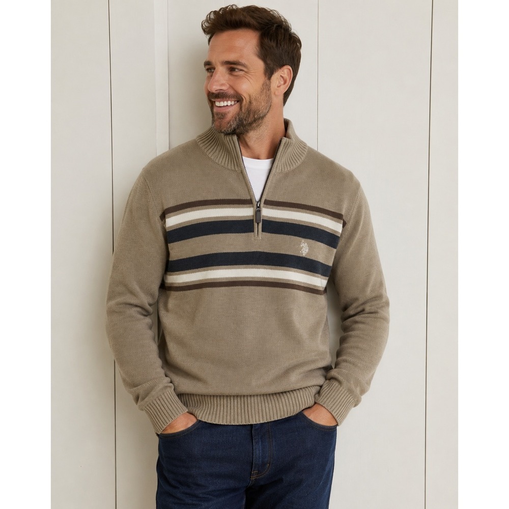 US Polo Assn Quarter Zip Sweater Mens XL Brown Stripe Mock Neck granola gorpcore